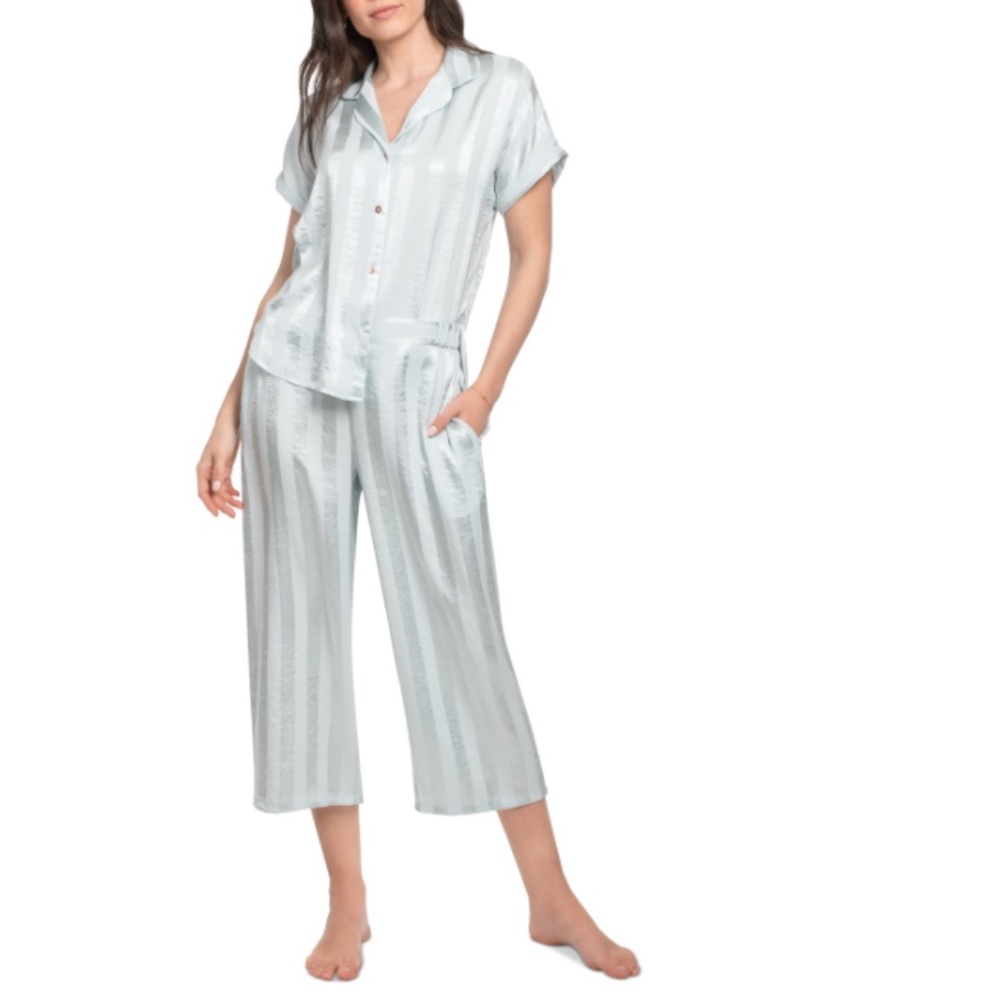 Linea Donatella Women's Athiya Satin Striped Cropped Pajama Set Matcha Green NWT